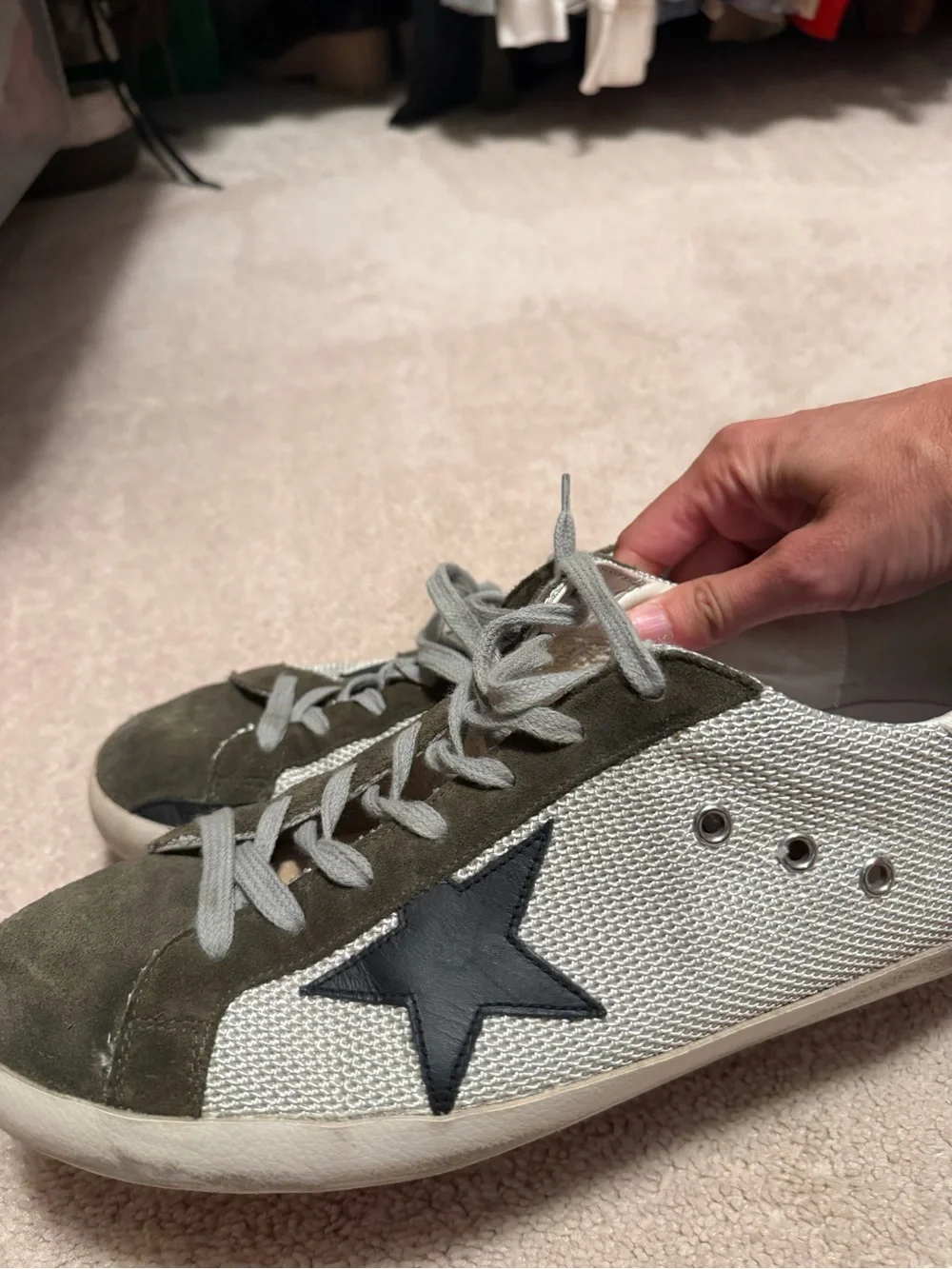 Men’s Golden Goose Style Star Sneakers in Olive Green and White